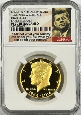 KENNEDY 50TH ANNIVERSARY 2014 W GOLD 50C HIGH RELIEF EARLY RELEASES NGC PF70 - Image 1 of 4