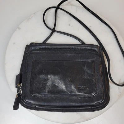 VTG Fossil Black Pebbled Leather Purse 9"x7" Black Pockets Card Slots Crossbody - Image 1 of 4