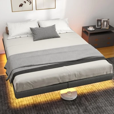 Queen Size Floating Bedroom Bed Frame with Under Bed Storage & LED Lights Metal - Image 1 of 4
