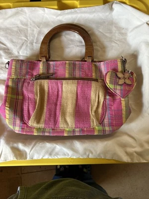 Relic Hand Bag Purse Wooden Handles Zipper Compartments Heart & Flower Charms - Image 1 of 4