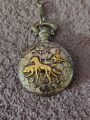 Vintage Milan Pocket Watch - Hunting Dogs with Hunter Scene w/ Chain - Image 1 of 4