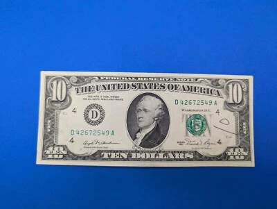 1981  10 Dollar Bill Federal Reserve Note D42672549A crisp - Image 1 of 4