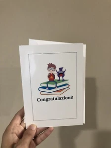 congratulazioni! - Child Graduation Italian Greeting Card - Books Boy Alien - Picture 1 of 1