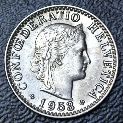 1953 SWITZERLAND - 20 RAPPEN - COPPER-NICKEL - Helvetica - Nice - Image 1 of 3
