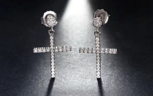 2ct Round Cut Lab-Created Diamond Holy Cross Drop Earrings 14k SOLID White Gold - Picture 1 of 11