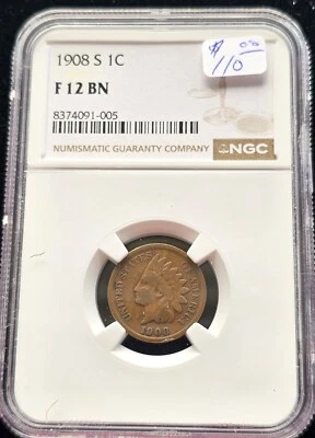 1908-S Indian Head Cent 1C NGC F-12-KEY DATE! - Image 1 of 2