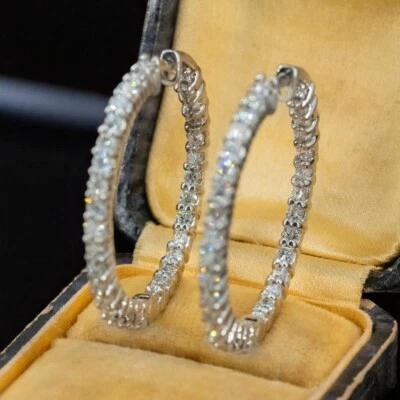 Diamond Hoop Earring Women  14k White Gold Lab Grown 3.00 Carat Round 30MM - Image 1 of 4