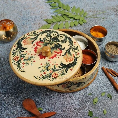 Caja Masala de madera artesanal Ikat Bloom para cocina | Masala Dabba Foto 1 de 4