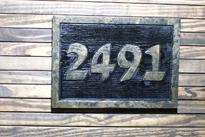 Custom Carved Address Sign Hand Painted Plaque Brass Finished Wood - Picture 1 of 5