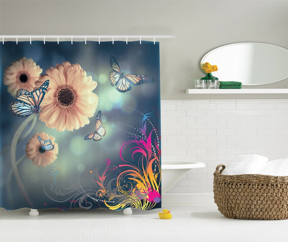 Ombre Jardín Gerbera Flor Decoración Mariposas Arte Abstracto Tela Cortina de Ducha Foto 1 de 1