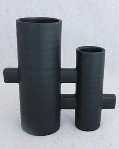 Mid Century Japanese Minimalist Toyo Black Studio Pottery Double Ikebana Vase - Picture 1 of 7