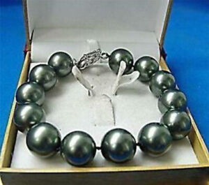 Charming! 12mm Black South Sea Shell Pearl Round Beads Bracelet 7.5'' AAA