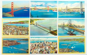 9 San Francisco Bridge Postcard Lot Vintage Linen Golden Gate Oakland Bay City - Picture 1 of 2
