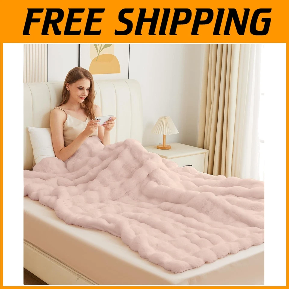 Pink Rabbit Fur King Size Throw Blanket - Cozy & Fluffy - Image 1 of 4