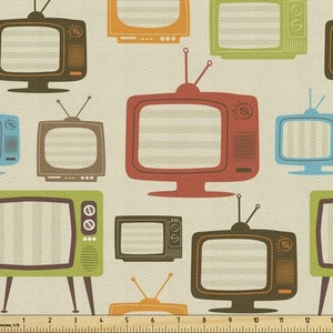 Vintage Fabric by The Yard, Old Televisions Pattern in Retro Colors Antenna E... - Picture 1 of 6