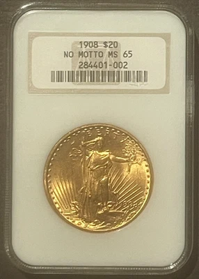 1908 No Motto $20 GOLD COIN by AUGUSTUS ST. GAUDENS  Graded by NGC MS65: 10359 - Image 1 of 2