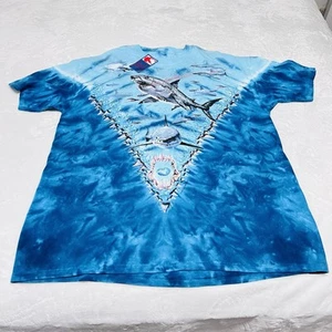 VTG 1997 Liquid Blue Tie Dye Adventure Aquarium Sharks All Over Print XL T-shirt - Picture 1 of 10