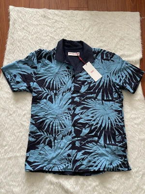 Camisa Orlebar Marrón Travis Palmetto Hombres Extra Grande Azul Floral Mezcla de Lino Foto 1 de 4