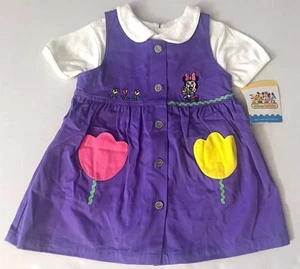 NWT Vintage 90s Disney Babies Embroidered Minnie Mouse Purple Tulip 24M Dress - Picture 1 of 7