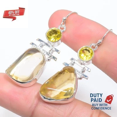 925 Sterling Silver Natural CITRINE ROUGH Lemon Topaz New DROP/DANGLE Earrings - Image 1 of 4