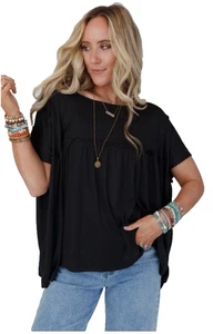 Three Bird Nest Size XL Black Flowy Top Wide Neck Short Sleeve Ruffle New NWT - Picture 1 of 12