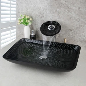 Black Hand Paint Rectangle Wash Basin & Chrome Waterfall Faucet Combo Deck Mount - Picture 1 of 11