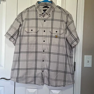 Carhartt Loose Fit Polo Men 2XL Striped Plaid White Short Sleeve Work Shirt FLAW - Picture 1 of 6