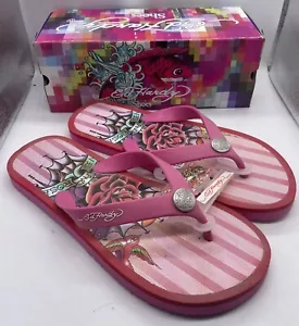 Ed Hardy Fuschia Flip Flops BC 100 Sandal SZ 10 NEW W BOX Y2K - Picture 1 of 7