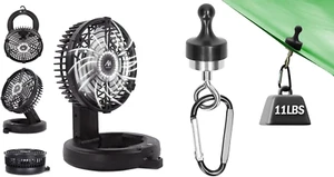 Magnetic Camping Hooks + Foldable Fan, Rechargeable Camping Fan with LED Lantern - Picture 1 of 11