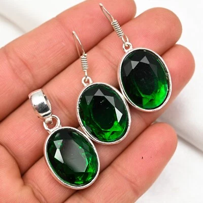 Conjunto de joias de cromo diópsido pedra feita à mão pingente e brinco de prata esterlina 925 - Imagem 1 de 4