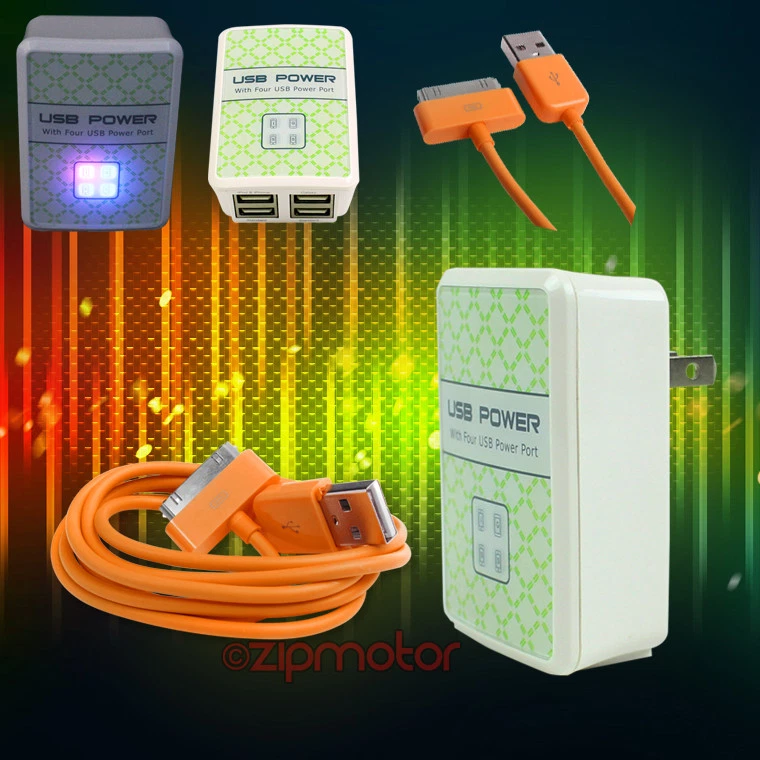 100X 4 USB PORT WALL ADAPTER+3FT CABLE CHARGER SYNC ORANGE FOR IPHONE IPOD IPAD - Image 1 of 1