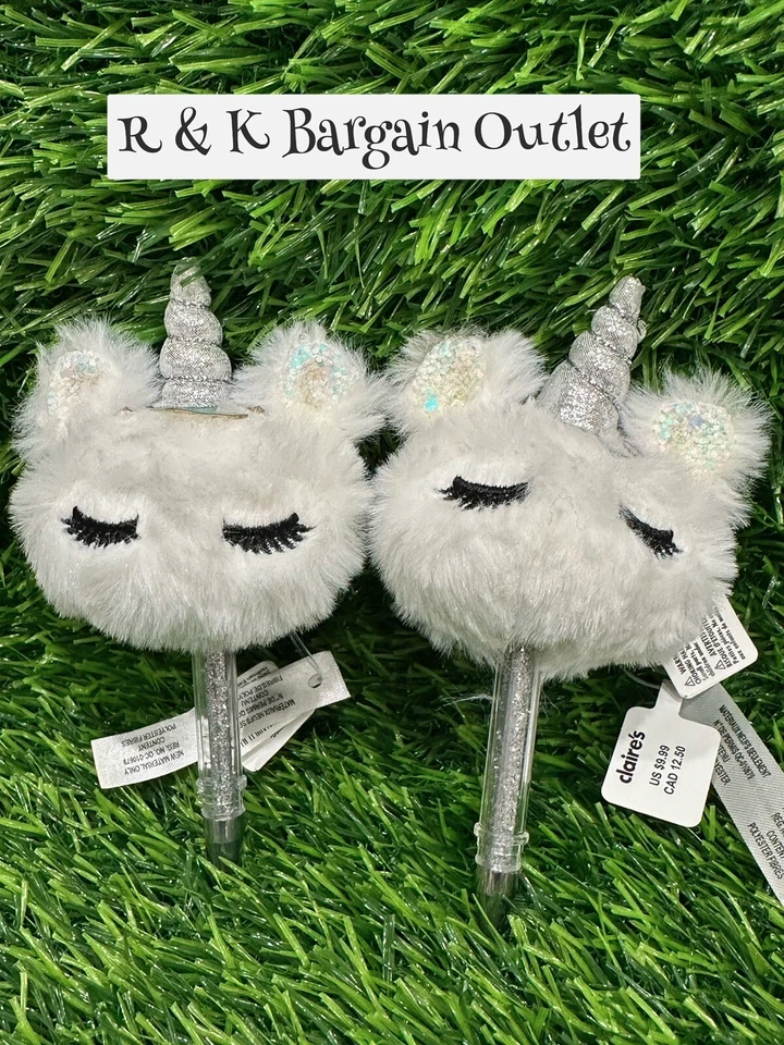 Claire’s Girls White Pom Pom Plush Unicorn Pen W silver Glitter Key chains 2pcs