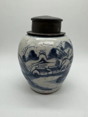 Antiguo tarro chino de porcelana azul y blanco escena de paisaje doble anillo marca Foto 1 de 4