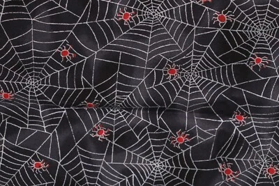 33"L x 44"W Boo by Hoffman Shiny Spiderwebs Spiders on Black Halloween Theme - Image 1 of 4