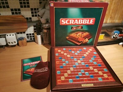 Scrabble Deluxe Wooden Tiles Rotating Board Velvet Bag Mattel 2000 Damaged Box - Image 1 of 4