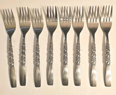 Talheres vintage de aço inoxidável cabo quadrado floral Oneida Rebecca 6 garfos para salada - Imagem 1 de 4
