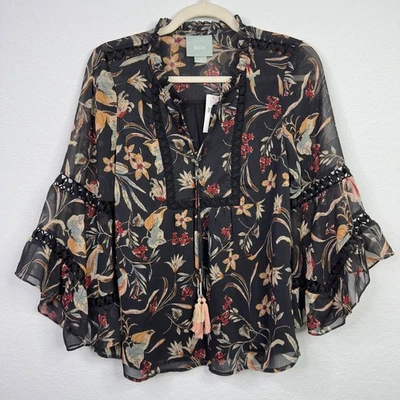 Camisa Maeve Anthropologie S Negra Floral Oscura Romántica Capricho Boho Cottage Foto 1 de 4