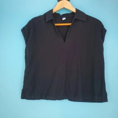 Blusa de manga corta Old azul marino negra con cuello en V para mujer talla pequeña mezcla de lino Foto 1 de 4