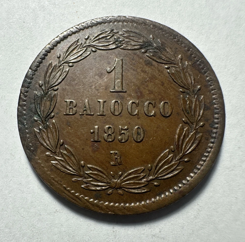 1850 R Italy PAPAL STATES 1 Baiocco Copper Beautiful Coin - Image 1 of 2