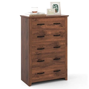 5 Drawer Bedroom Chest Storage Dresser Tall Cabinet Organizer Hallway Walnut - Picture 1 of 7