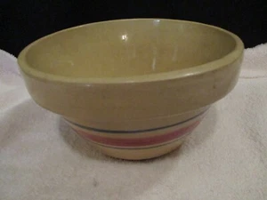 Vintage R. R. P. Co., Roseville, Ohio, Yellow Ware Bowl ~ Blue & Rose Striped  - Picture 1 of 2