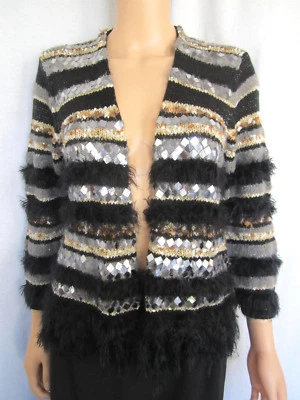 Cárdigan suéter Chico's para mujer talla 2 negro y gris con cuadrados espejados y flecos Foto 1 de 4