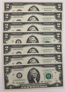 2003A $2 Dollar Bills Uncirculated - 7 Consecutive "L" serial numbers - Picture 1 of 5