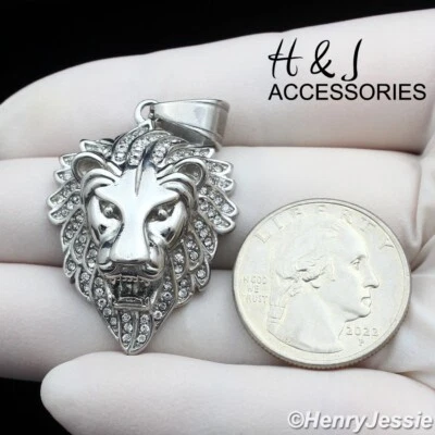MEN's Stainless Steel ICY Bling CZ 3D Silver Lion Head Charm Pendant*AP134 - Image 1 of 3