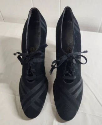 Vintage 1930s/40s  Black Suede Lace Up Heels - Image 1 of 4