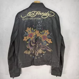 Ed Hardy Herren lederjacke Gr. XL Schwarz Handmade Gedruckt Designer LederJacke - Bild 1 von 23