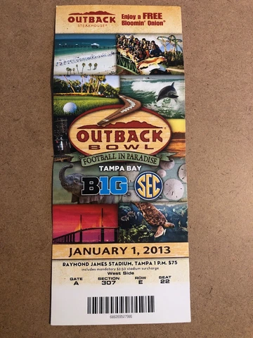 2013 Outback Bowl South Carolina vs	Michigan Wolverines Football Ticket Stub Cover