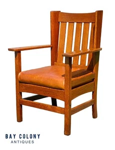 Antique Arts and Crafts Mission Oak Craftsman Chair with Leather Seat - Picture 1 of 14