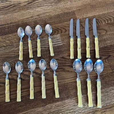 VTG Faux Bamboo Handle Stainless Steel Flatware Tiki Tropical Boho - 16 pieces - Image 1 of 4