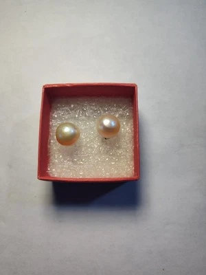 Cultured Ivory Pearl Stud Earrings 10.88mm Done Semi-Round Pink Overtones - Image 1 of 4